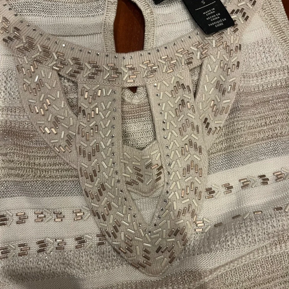 WHBM Knit‎ Tank Top White House Black Market Beaded Beige Metallic Stripe Small